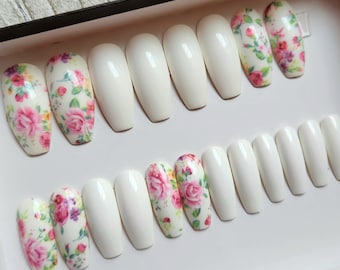 Full Set- White Nails with Pink Floral Accents. Fake|False|Faux Nails. White pottery with Floral design. Spring Nails • Vintage Flowers.