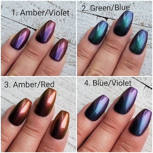 Duo Chrome fake nails, press on nails, false nails, faux nails. Color shifting, chameleon, metallic, chrome nails. Glossy finish.