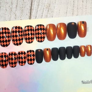 Orange|Black Diamonds Press On Nails. Fake|False|Faux Nails. Orange Sparkle|Matte Black Halloween Nails. Orange|Black Rhinestones. Harlequin