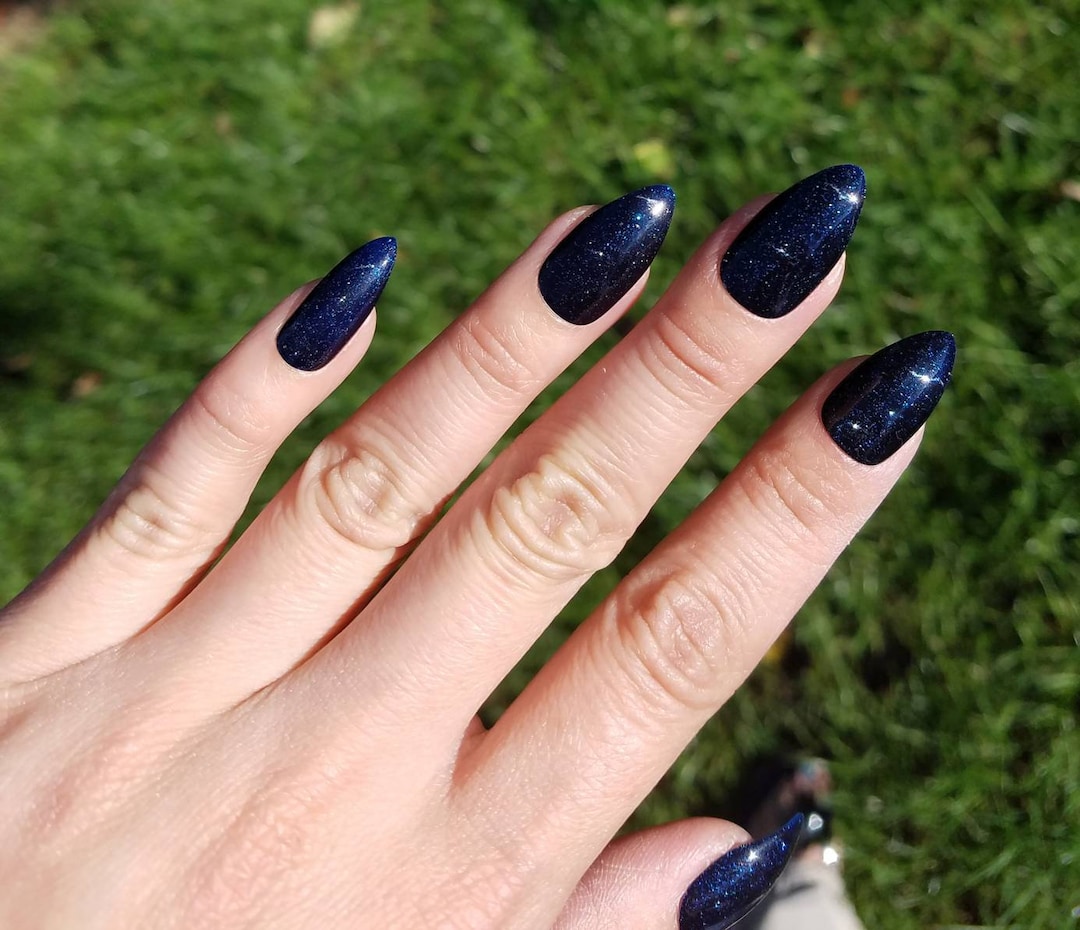Full Set Dark Blue Sparkle Press on Nails • Handmade Reusable