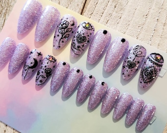 Handmade Witchy Press On Nails – Purple Glitter Sparkle, Full Set