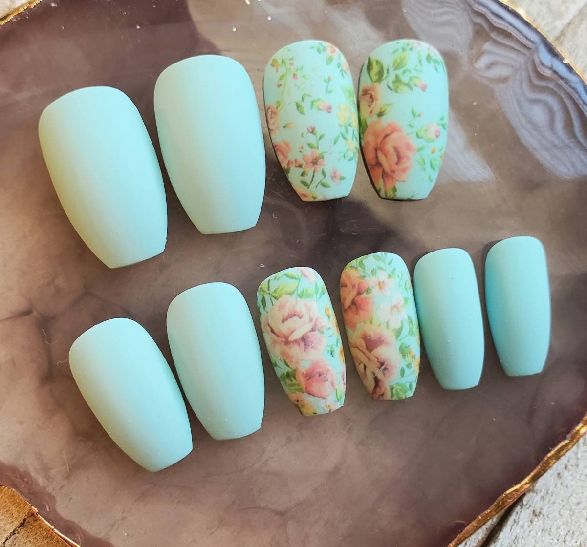 Mint Blue Fake Nails With Pink Floral Accent Press On Nails Etsy Mint Blue Fake Nails With Pink Floral Accent Press On Nails Etsy