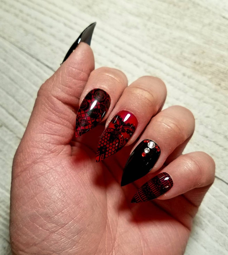 Black Lace Red Fake Nails Press on Nails Faux Nails. Black - Etsy