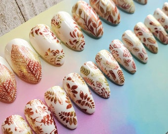 White Nails With Golden Brown Leaves, Fake Nails, Press on Nails