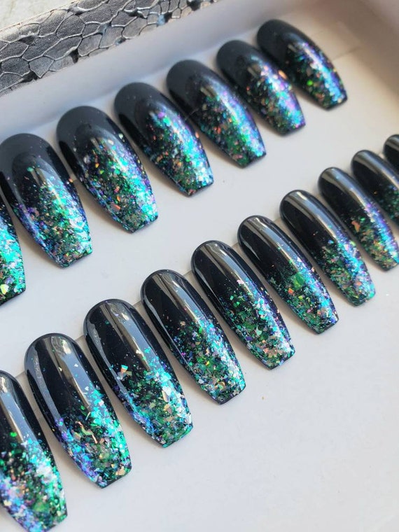 24 Blue Black Ombre Square Press on nails kit Glue on Goth emo alt edgy  medium | eBay