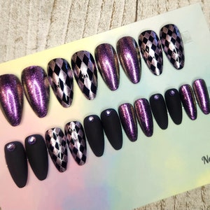 Full Set - Shimmer Purple & Black Diamonds Press On Nails. HandMade Reusable Fake Nails • False, Faux Nails • Checker Design • Rhinestones