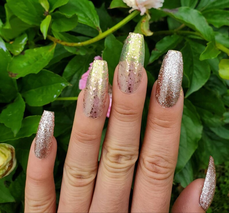 Platinum pink gold with glitter fake nails press on nails Etsy