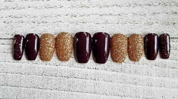 Dark Wine And Champagne Gold Raw Glitter Nails Short Coffin Shape Fake Nails Press On Nails Sparkly Nails Matte Or Glossy