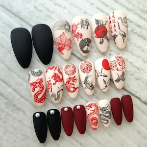 Chinese painting inspired Press On Nails. Fake|False|Faux Nails. Chinese|Asian design Nails. Dragon|Koi Fish|Cranes design. Red|Black Nails.