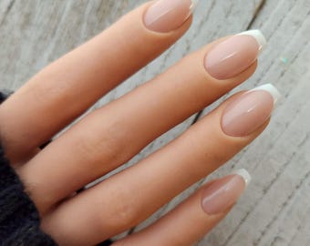Full Set - Classic White French Tips Press On Nails • Fake, false, faux nails • Handmade Reusable • Wedding Bridal Nails • Classy Elegant