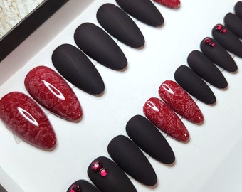 Full Set - Dark Red Lace Press On Nails • Handmade Reusable Fake Nails • False Nails • Faux Nails • Ruby Red Rhinestones • Dark Burgundy