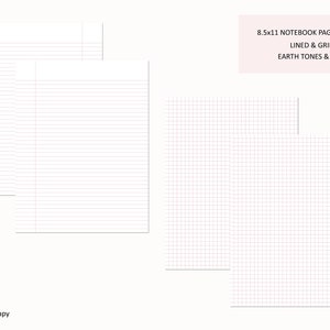 Pode incluir: Um pacote de páginas de caderno de tamanho A4. A imagem mostra papel pautado e quadriculado em tons terrosos e rosa. As páginas são brancas com linhas e padrões de grade rosa. O texto na imagem diz "8.5x11 NOTEBOOK PAGES BUNDLE, LINED & GRID, EARTH TONES & PINK."