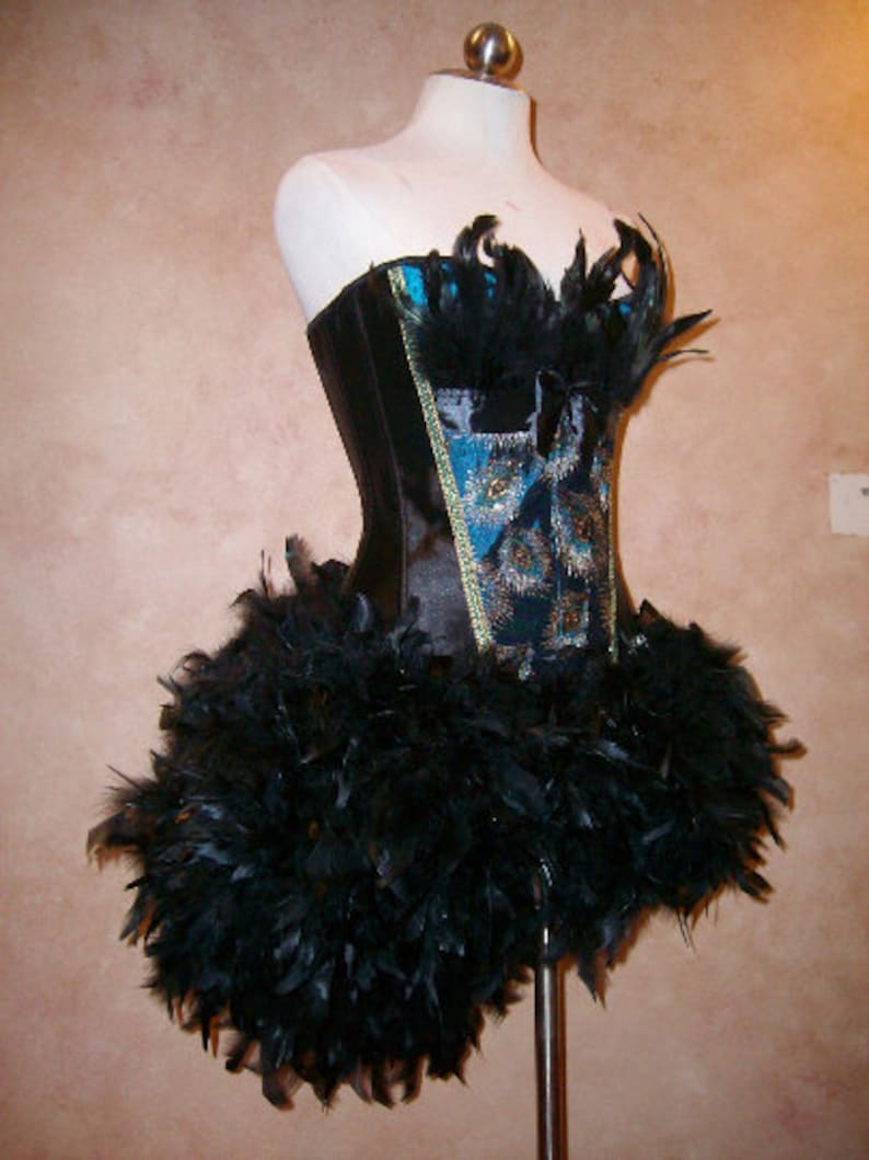 Black peacock Burlesque Showgirl fairy corset feather costume dress