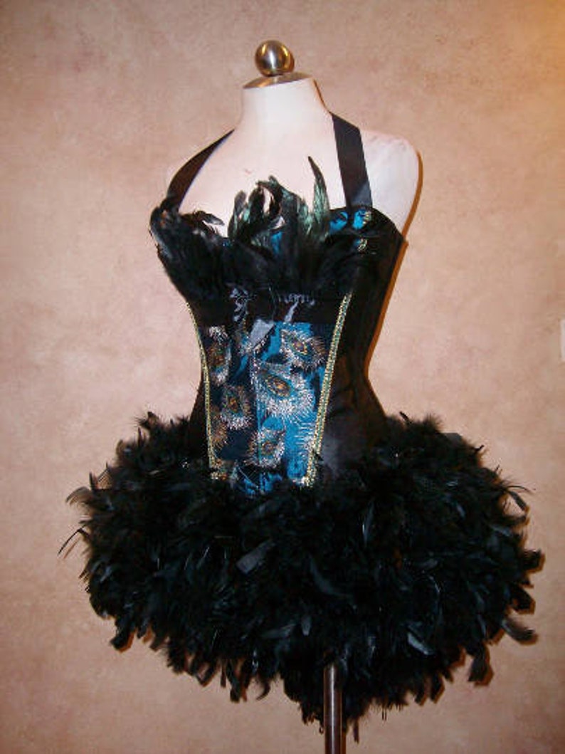Black peacock Burlesque Showgirl fairy corset feather costume dress