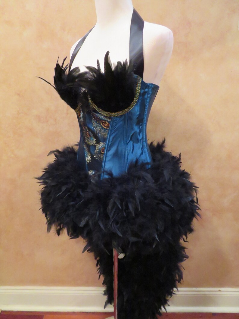 Black peacock Burlesque Showgirl fairy corset feather costume dress