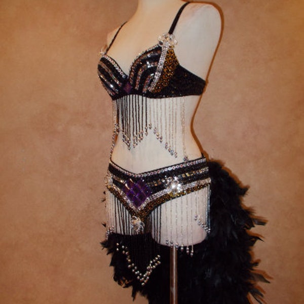 Rhinestone Beaded Gatsby Flapper Mardi Gras Feather Vegas Showgirl Costume Dress