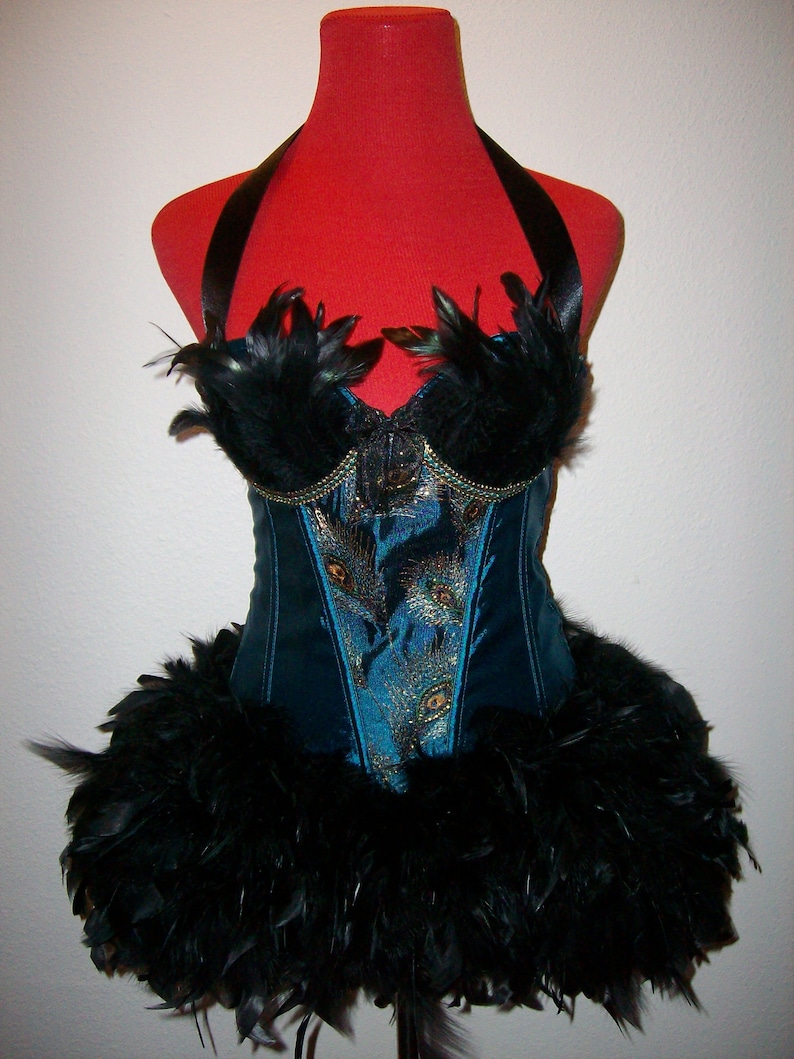 Black peacock Burlesque Showgirl fairy corset feather costume dress