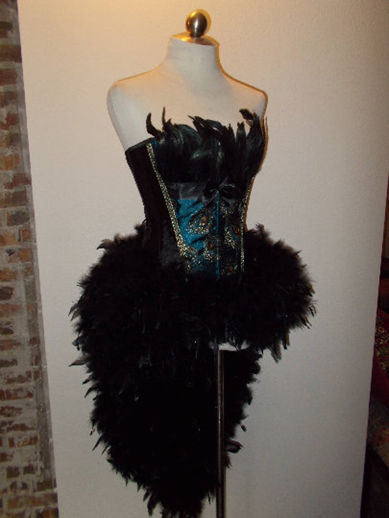 Black peacock Burlesque Showgirl fairy corset feather costume dress