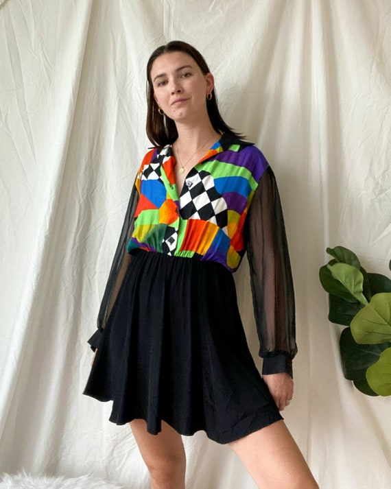 Vintage Mini Dress/ Abstract Print/ Skater Skirt/