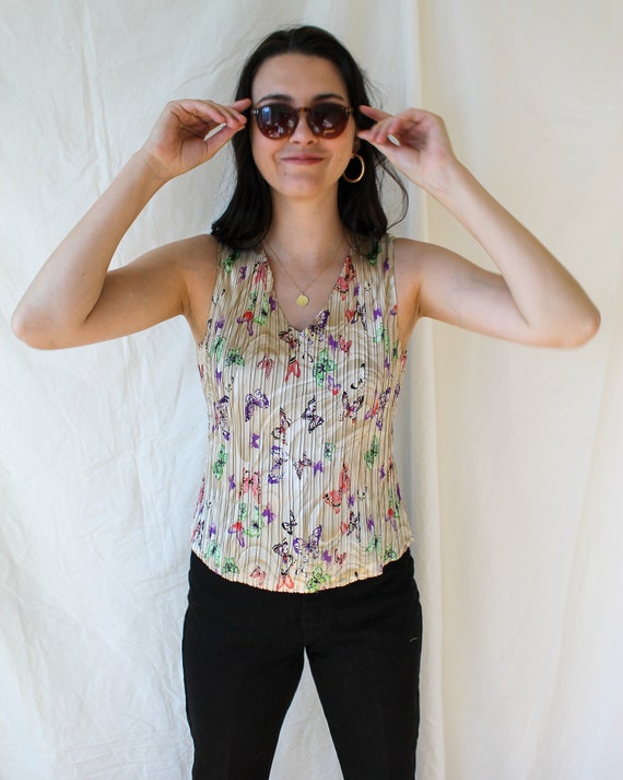 Vintage Crinkle Tank Top/ Pleated Tank Top/ Butter