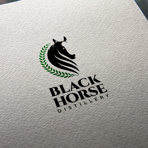 Black Horse logo design + customization, distillery logo, spirit drinks logo, horse competition logo, horse breeding logo, animal logo