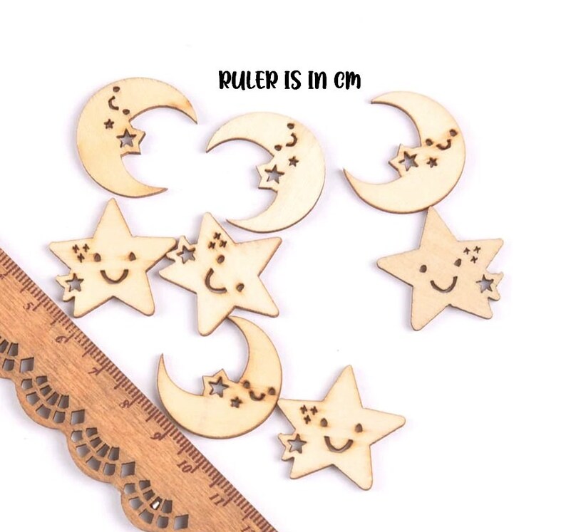 Embellishments 10pc Blank Wooden Stars /& Moons Wood Pendants
