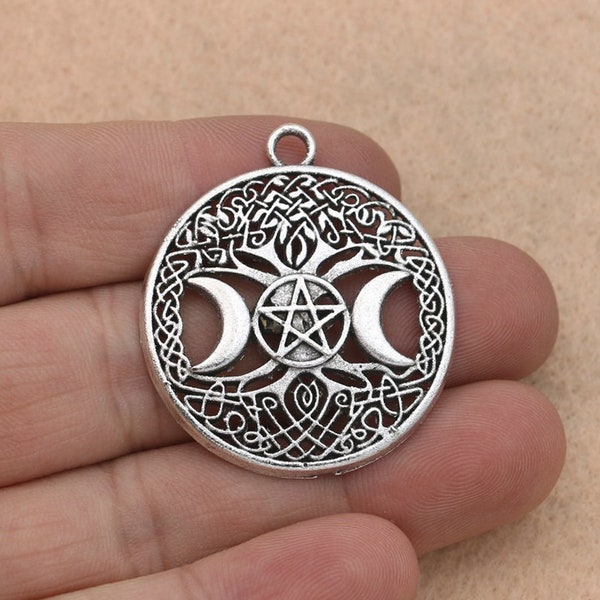 Triple Moon Goddess Charm, 28mm Pendant, Witchcraft Jewelry, Tree of Life