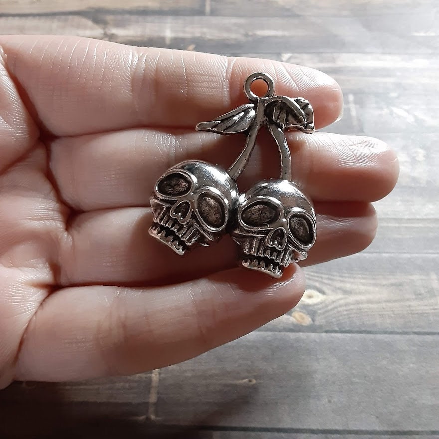Cherry Skull Charm, 28mm Pendant, Biker Jewelry