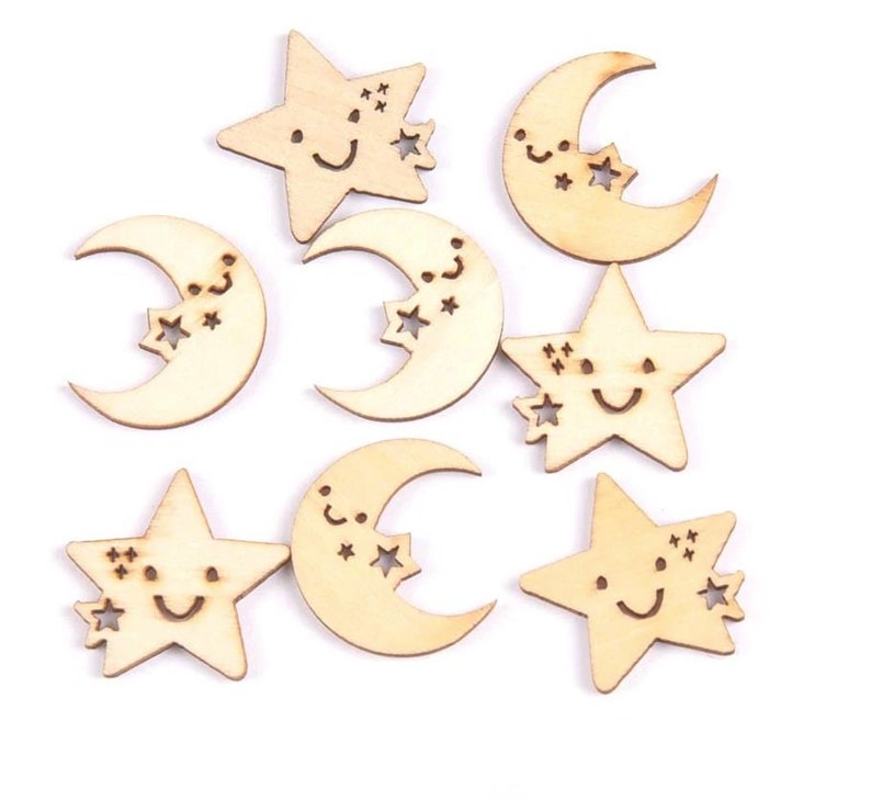 Embellishments 10pc Blank Wooden Stars /& Moons Wood Pendants