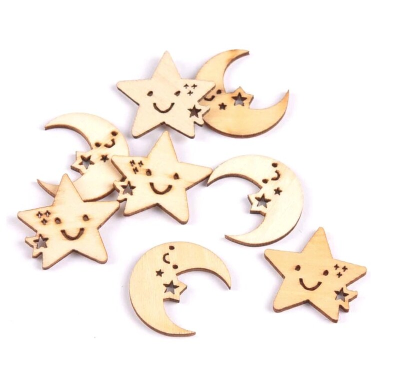 Embellishments 10pc Blank Wooden Stars /& Moons Wood Pendants