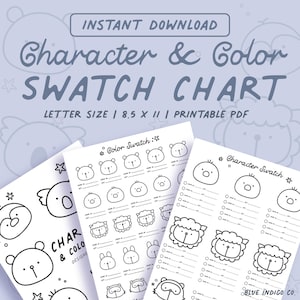 キャラクターデザインとカラー見本チャートセット | 印刷可能なキャラクターテンプレート | マーカー見本シートテンプレート | デジタルダウンロード