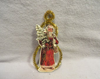 Gold Tinsel and Paper Cutout Santa Dresden Style Christmas Ornament Made with Vintage Materials