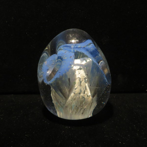 Large Crystal Paperweight with Blue & White Indented Flowers (Zimmerman Art Glass?)