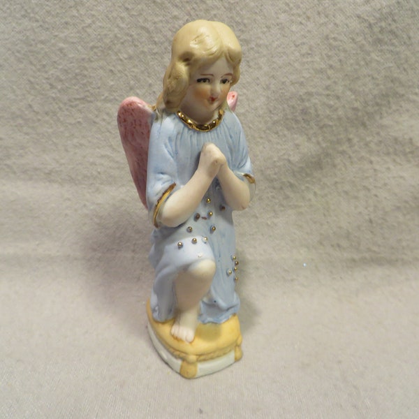 Antique German Bisque 4" Tall Kneeling Angel with Her Folded Hands on Her Chest