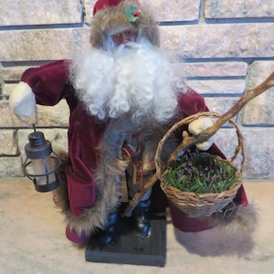 Vintage Artist Crafted Laurie Pedersen Santa Claus Carrying a Lantern and Basket