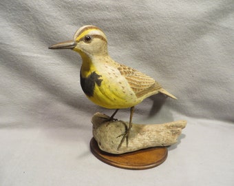 Vintage Hand Carved Artist Signed and Dated Wood Meadowlark Bird Figure