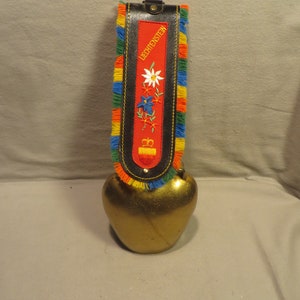 Vintage Large Brass Cow Bell with Leather Strap Souvenir of Liechtenstein