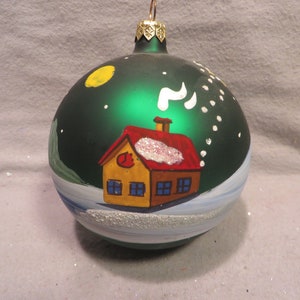 Vintage 4&quot; Diameter Hand Painted Blown Glass Christmas Ornament - Santa Flying Over a House