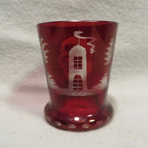 Vintage Ruby Engraved to Clear Bohemian Glass Shot Glass Featuring a Tower