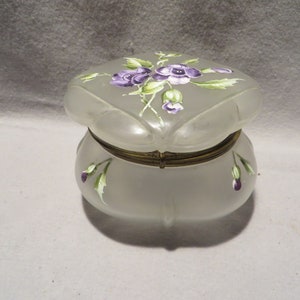 Antique (European?) Frosted Glass Powder Box Decorated With Enamel Flowers