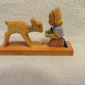 Vintage East Germany Emil Helbig Miniature Carved Wood Figurines - Girl Feeding a Deer