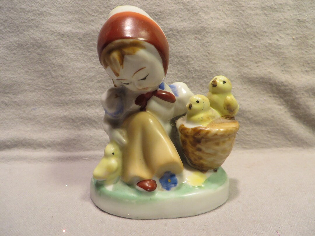 Vintage occupied Japan Figurine Girl With Basket of Chicks Etsy