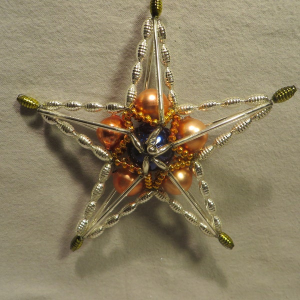 Vintage Christopher Radko Blown Glass and Beaded Christmas Ornament - Pink and Blue Center Star Shine