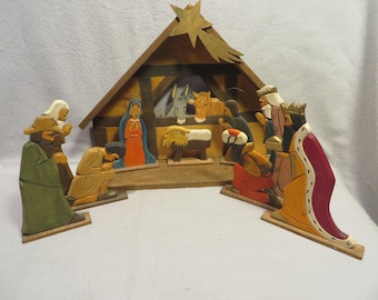 Vintage Alpine (Swiss?) Hand Carved Flat Figure Wood Nativity Set