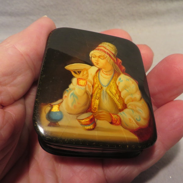 Vintage Hand Painted Russian Fedoskino Black Lacquer Hinged Trinket Box - Woman Sitting at Table