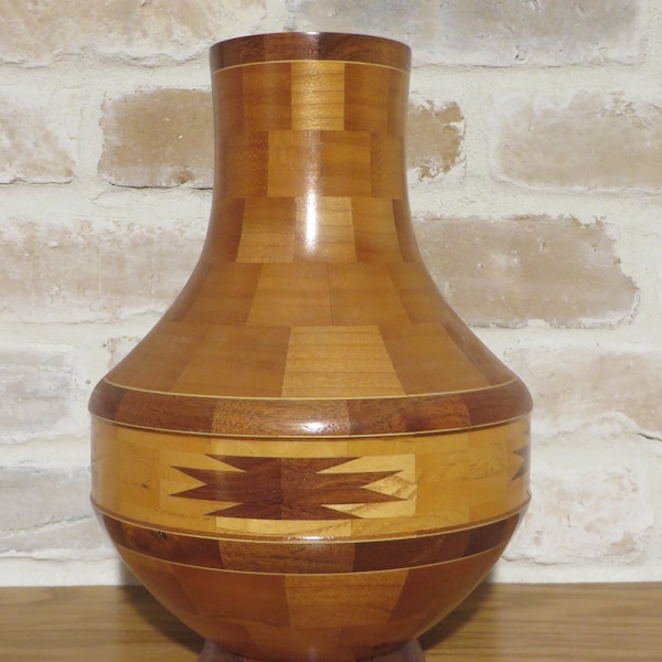 Vintage Hand-Crafted Large Marquetry Wood Vase