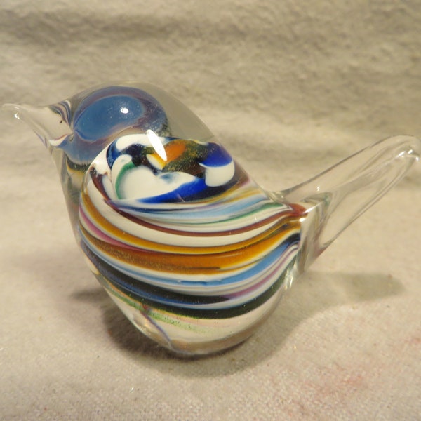 Vintage (Swedish ?) Clear Glass Bird Figurine with Multi-Color Swirl Glass Core