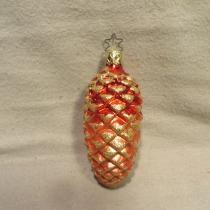 Vintage Inge Glas &quot;Made in Germany&quot; Blown Glass Christmas Ornament - Gold Glitter Edged Pinecone