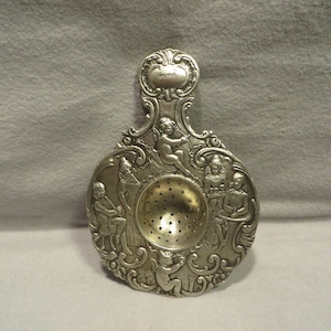 Antique German Highly Rocco Decorated Silver Tea Strainer