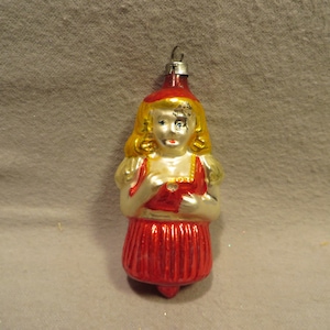 Antique Made in Czechoslovakia Blown Glass Christmas Ornament - Gold Haired Girl Torso Wearing a Red Dress
